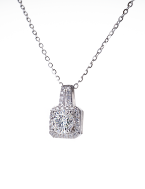 Square Moissanite pendant necklace in S925 silver with halo design, showcasing brilliant sparkle and elegant craftsmanship.