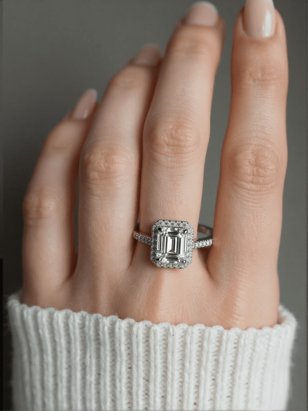 祖母绿切 Emerald Cut Moissanite Halo Ring