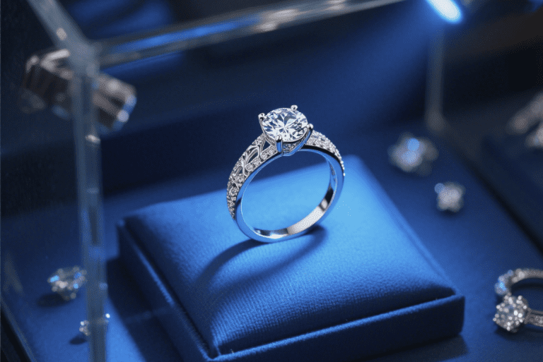 Moissanite engagement ring sparkling as an ethical and affordable alternative to traditional diamonds