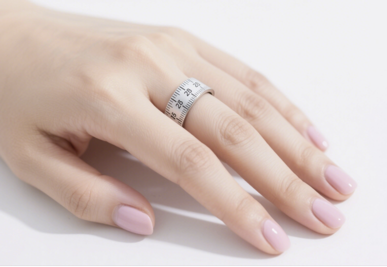 Soft measuring tape wrapped around a finger to accurately measure ring size.