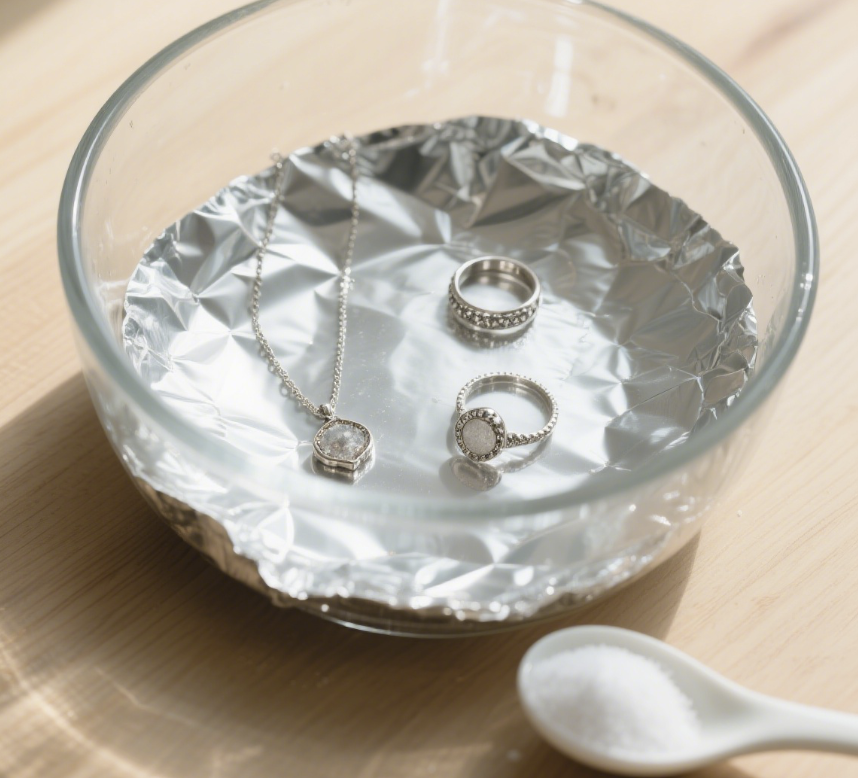 Homemade silver cleaning setup with baking soda and aluminum foil