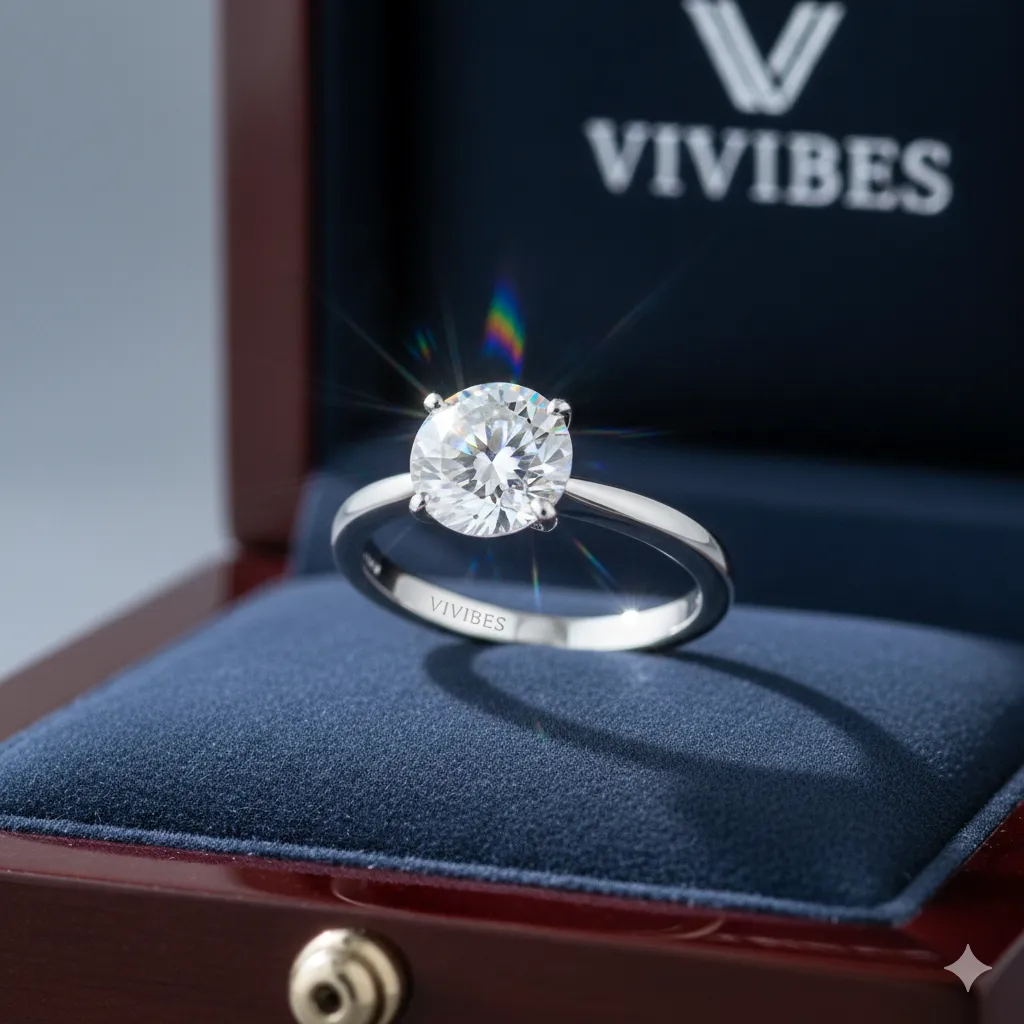 VIVIBES round cut moissanite solitaire ring in 14K white gold.